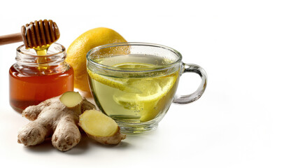 Glass cup of herbal tea with ginger, lemon, and honey, natural home remedy for cold and flu, with space for text on white background.