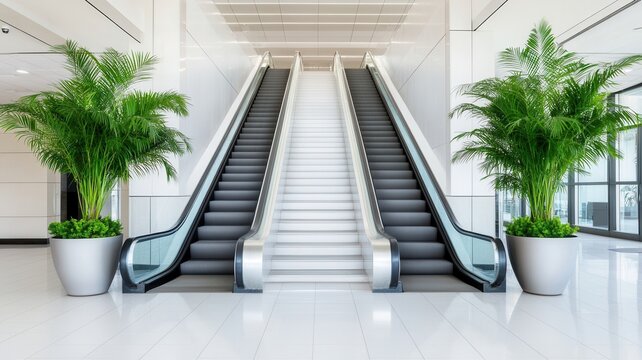 Empty escalators stand a bright, modern lobby, flanked by lush potted plants, creating welcoming atmosphere - Powered by Adobe