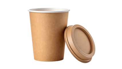 Disposable brown paper coffee cup with lid, isolated on transparent background, an ecofriendly option for enjoying your favorite beverage on the go