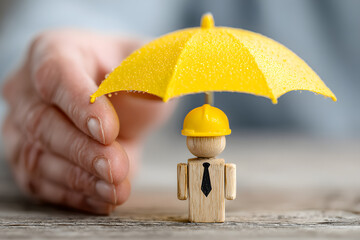 Closeup image of hand holding a umbrella over a wooden doll wearing a yellow hard hat. Worker and employee insurance concept.