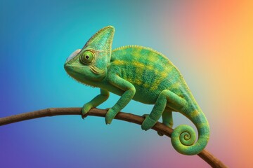 Obraz premium Realistic chameleon on branch with soft gradient background from blue to warm orange, minimal premium composition with space for text, concept of adaptation and transformation