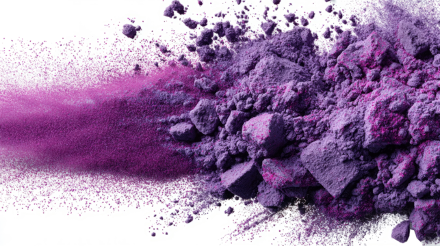 Purple powder explosion cloud isolated on white