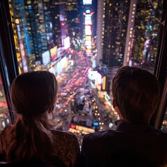 Fototapeta premium Couple gazing at Times Square from above night lights blur seen from behind