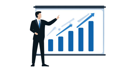 presentation with screen and uptrend, pointing finger, stripes, white background