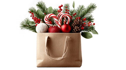 Festive holiday gift bag with ornaments and candy canes