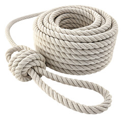 Heavy-duty white rope coiled in a spiral with a large stopper knot and loop, isolated. A powerful concept of security, strength, and connection