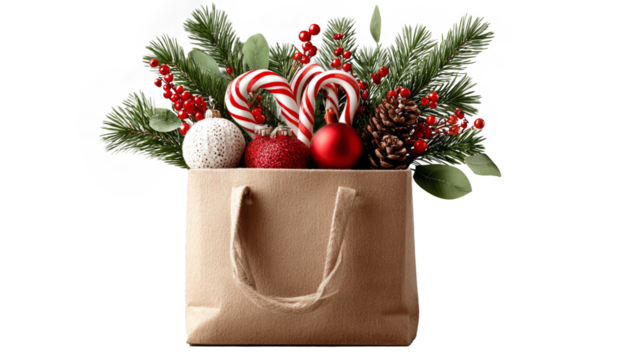 Festive holiday gift bag with ornaments and candy canes
