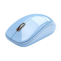 A pale blue, glossy, wireless computer mouse, subtly curved, with a metallic scroll wheel