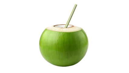 Fresh green coconut with a straw isolated on transparent background, a refreshing and healthy tropical drink for a hot summer day