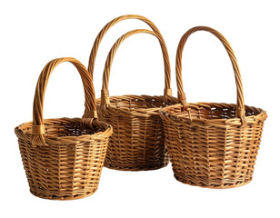 Three shallow,  wicker baskets of varying sizes, arranged in a staggered horizontal row.  Handles curve gracefully upwards.  Natural light highlights the weave