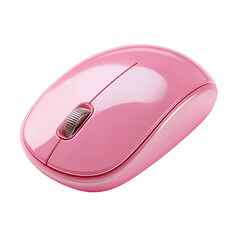 A glossy, pale pink wireless computer mouse, subtly curved, rests on a transparent background.  The scroll wheel is visible