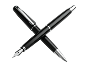 Two black pens crossed, one fountain pen, one ballpoint, forming an X