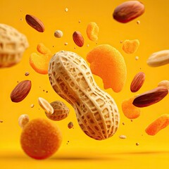 Peanut and mixed nuts in mid-air, vibrant yellow background