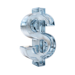 Translucent, three-dimensional dollar sign rendered in icy, blue-grey glass