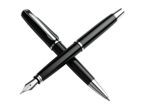 Two black pens crossed, one fountain pen, one ballpoint, forming an X