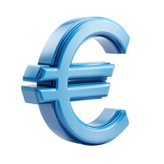 A 3D-rendered, light-blue, metallic euro symbol, with a slightly beveled, textured surface