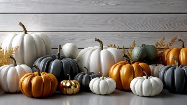 Explore an attractive arrangement of pumpkins in multiple colors and sizes, perfect for autumn home decor ideas