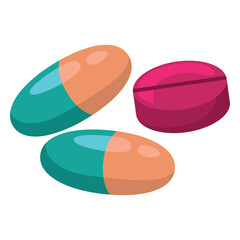 Three cartoonstyle pills two oval capsules one round tablet