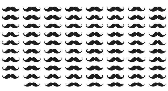 Black mustaches arranged in a grid pattern on a white surface creating a playful and quirky visual texture, perfect for themed events or humorous designs.