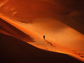 Scenic aerial view of desert nature, wilderness and  silhouette of a lone person walking across desert dunes, leaving footprints in golden sand. 