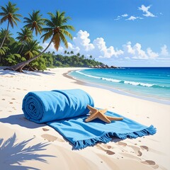Tropical beach scene with rolled-up turquoise towel