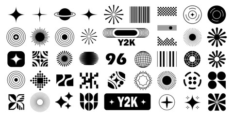Abstract Y2K shapes and retro symbols set, futuristic vector elements with stars, circles, gradients, grids, digital patterns, 90s and 2000s style design graphics for web, print, and fashion © DA