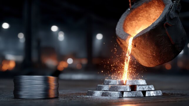 Molten Metal Pour: A dramatic image captures the industrial process of molten metal being poured into ingot molds. The scene evokes a sense of raw power, manufacturing and industry.