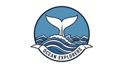 Striking blue and white graphic logo featuring a majestic whale's tail emerging from stylized ocean waves, symbolizing marine exploration, adventure, and aquatic conservation