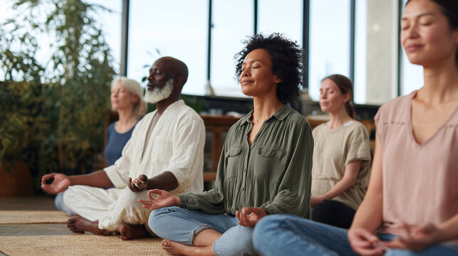 a diverse group of people meditating together in an elegant yoga studio, creating the perfect space for tranquility and connection during their spiritual retreat.