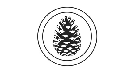 Elegant black and white graphic illustration featuring a stylized pine cone emblem neatly enclosed within a decorative double circle, perfect for branding or nature-themed designs