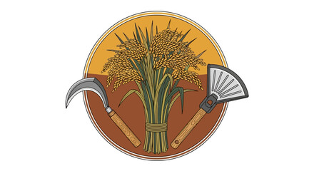 Agricultural symbol with golden rice harvest, traditional sickle, and winnowing fan, representing farming, hard work, and sustainable cultivation of food