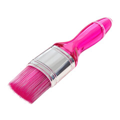 Vibrant pink paintbrush with a translucent, curved handle and metallic ferrule, angled on a black background