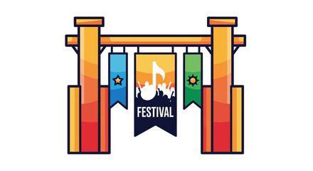 Colorful festival entrance archway illustration with decorative banners and musical notes, perfect for event promotion and celebration design elements