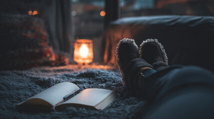 Cozy bedroom warm light candle glow fuzzy blanket winter socks open notebook quiet evening soft focus peaceful mood night