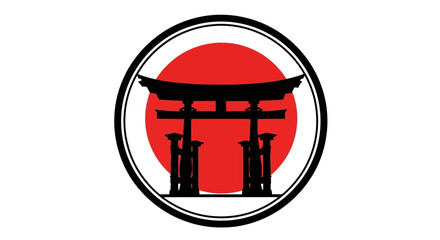 Circular emblem featuring a traditional Japanese torii gate silhouette against a vibrant red sun, symbolizing Asian heritage and spiritual pathways, perfect for cultural and travel themes