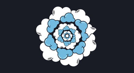 Concentric stylized cloud pattern in a minimalist graphic design. Abstract illustration depicting symmetrical white and blue atmospheric elements against a deep, serene background