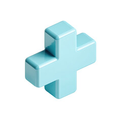 A light blue, glossy, three-dimensional plus symbol rendered in a cubic style