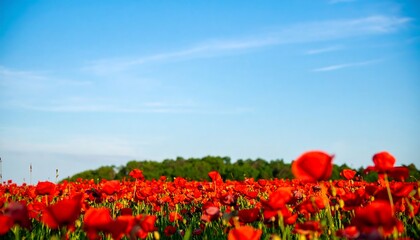 Vibrant red flowers blanket a field under a clear blue sky
