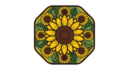 Vibrant vector illustration of a sunflower mandala. Cheerful blooms and green leaves are arranged geometrically within an octagonal frame, a graphic floral design