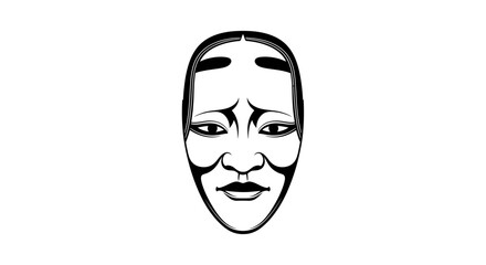 Bold black and white illustration of a traditional Japanese theatrical mask, embodying dramatic folklore and ancient cultural expression. This stylized graphic art piece