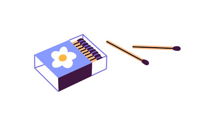Icon of cute matchbox. Matchbook with matchsticks. Box of matches for fire or lighting cigarettes. Pack of sticks for smoking, trekking, hiking. Flat isolated vector illustration on white background.
