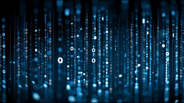Digital data stream background with vertical binary code flowing in blue tones. Technology inspired design.