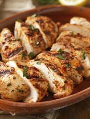 Golden-brown chicken tapas, roasted with garlic and paprika, rest on a ceramic dish. Fresh lemon and cilantro garnish this Mediterranean-inspired dish