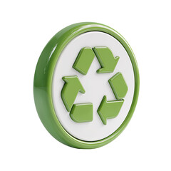 3D rendered green circular button featuring a white recycling symbol with three chasing arrows