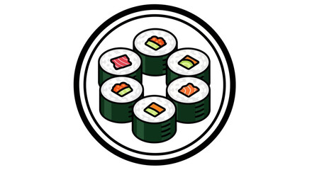 A vibrant and clean graphic illustration depicting a selection of neatly arranged sushi rolls, artfully presented on a round serving plate, embodying the essence of Japanese culinary art