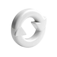 A 3D rendered white circular arrow symbol, suggesting continuous cyclical motion, renewal or recycling