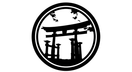 Clean Vector Illustration of a Traditional Japanese Torii Gate Design Encased in a Perfect Circle, Symbolizing Ancient Culture and Spiritual Journeys