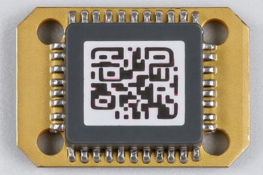 Close-up view of a detailed microchip featuring QR code technology with intricate circuitry design showcasing modern advancements in electronics and digital verification systems - Powered by Adobe