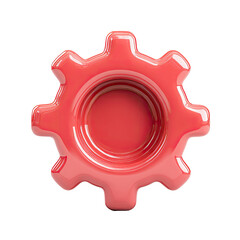 A glossy, coral-colored cogwheel, eight-toothed, rendered in 3D, with a smooth, reflective surface and a central hole