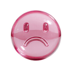 A glossy, pink, circular emoticon displays a downturned frown, conveying sadness or disappointment